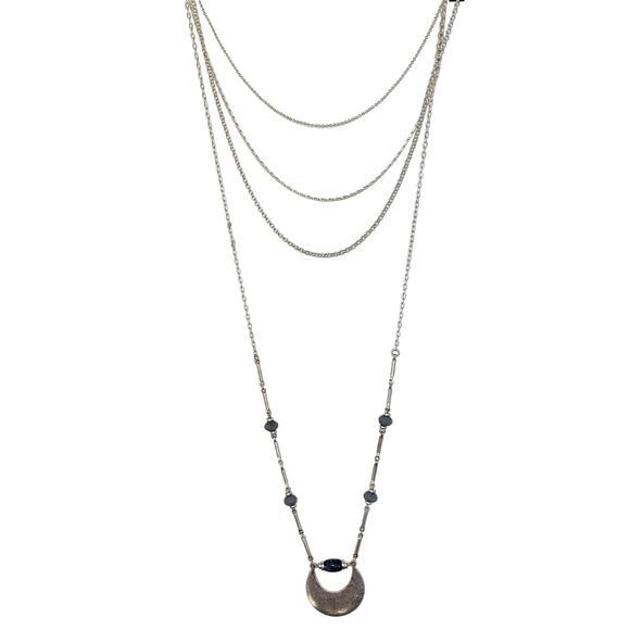Multi-Layered Silver-Tone Necklace with Blue Beads and Crescent Pendant 36" Long - Picture 1 of 13